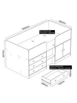 Very Home Peyton Kids Mid Sleeper Bed With Drawers, Cupboard And Mattress Options (Buy And SAVE!) - White/Grey -Home Comprehensive MUMHT SQ4 0000000005 GREY SLd1