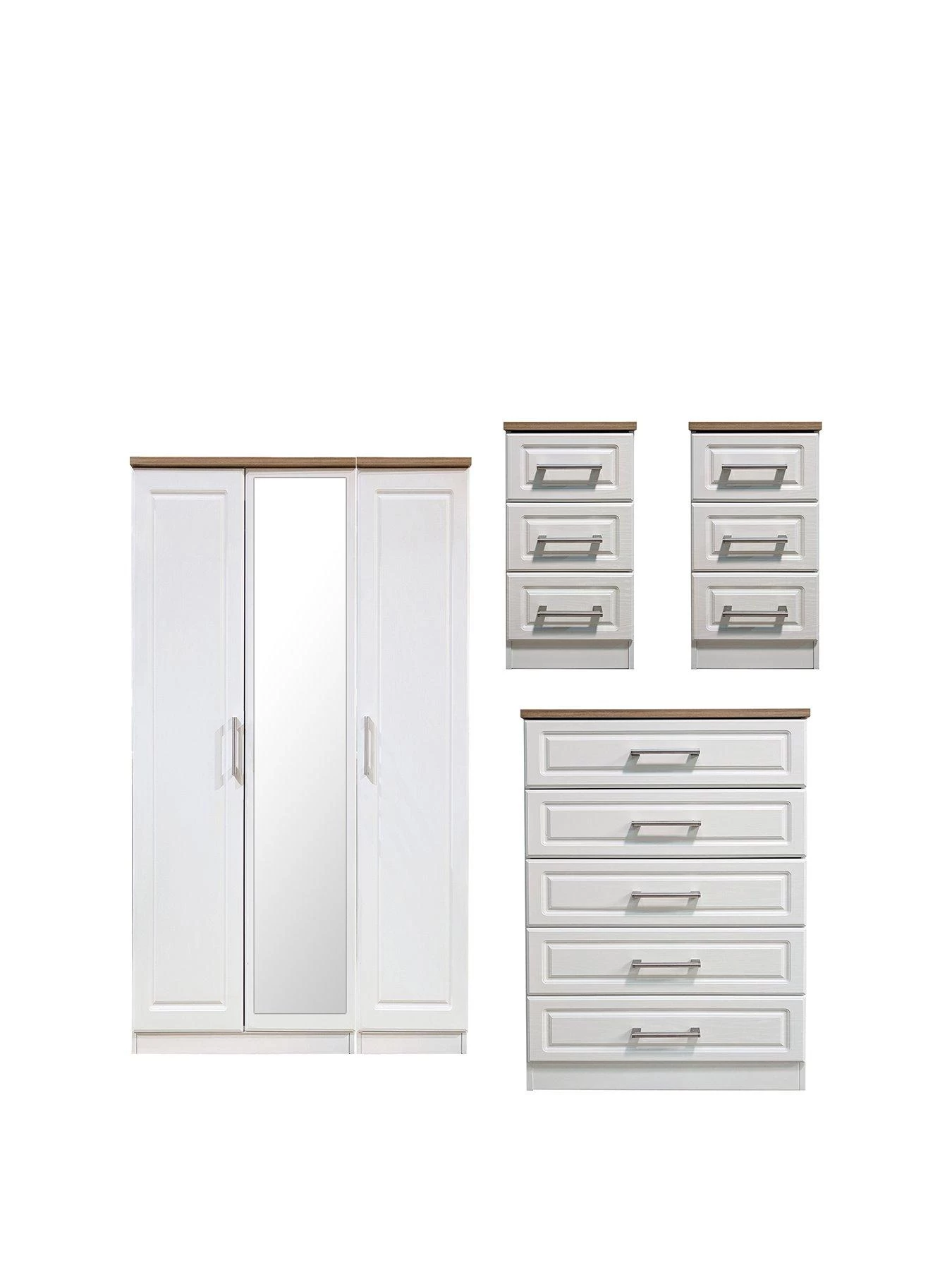 SWIFT Regent Part Assembled 4 Piece Package - 3 Door Mirrored Wardrobe, 5 Drawer Chest And 2 Bedside Chests - FSC® Certified 3 SWIFT Regent Part Assembled 4 Piece Package - 3 Door Mirrored Wardrobe, 5 Drawer Chest And 2 Bedside Chests - FSC® Certified