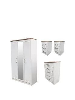 SWIFT Regent Part Assembled 4 Piece Package - 3 Door Mirrored Wardrobe, 5 Drawer Chest And 2 Bedside Chests - FSC® Certified 12 SWIFT Regent Part Assembled 4 Piece Package - 3 Door Mirrored Wardrobe, 5 Drawer Chest And 2 Bedside Chests - FSC® Certified -Home Comprehensive PG6AA SQ3 0000000010 WHITE OAK SLa