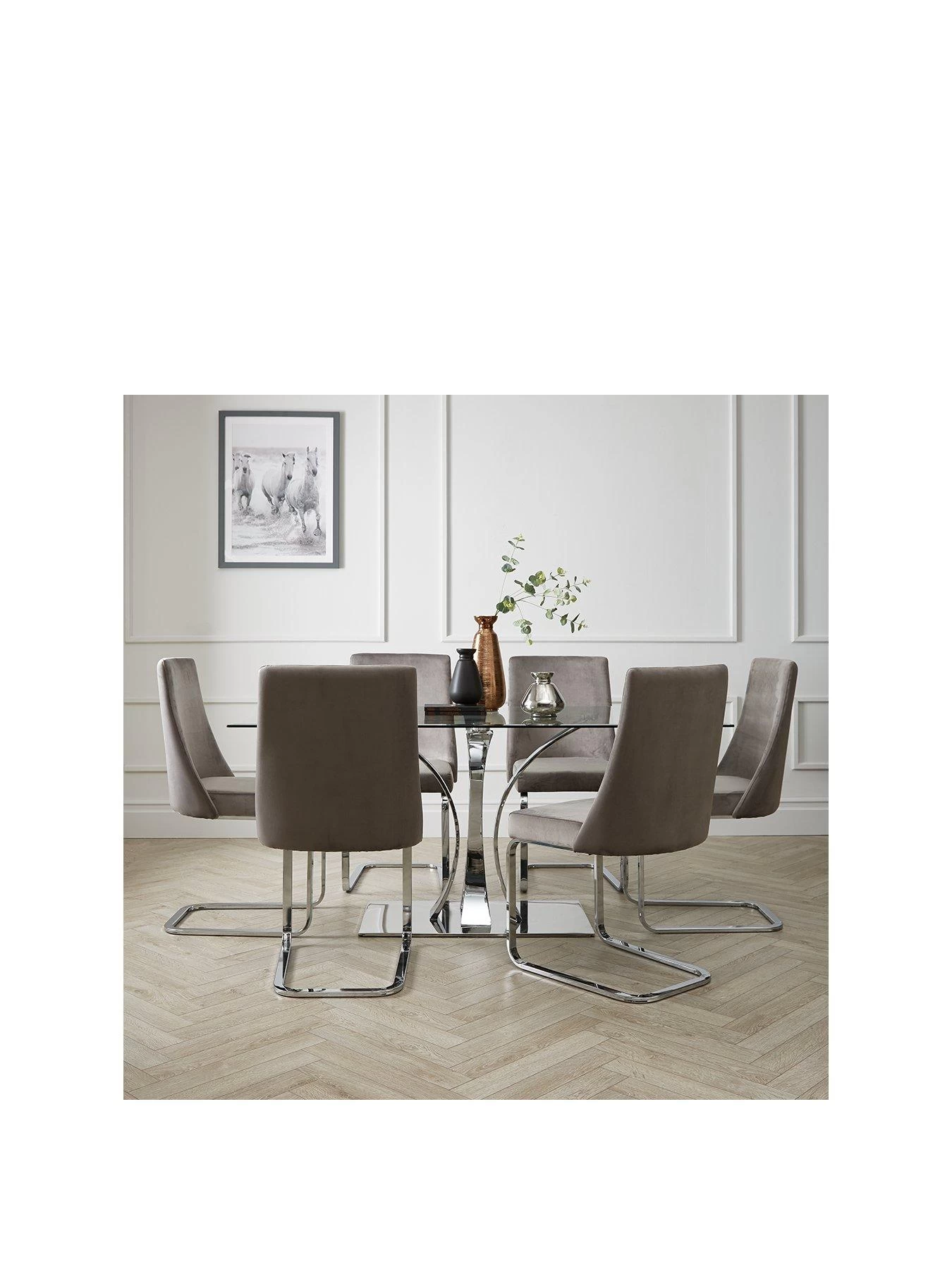 Very Home Alice 160 Cm Rectangle Glass And Chrome Dining Table + 6 Velvet Chairs 3 Very Home Alice 160 Cm Rectangle Glass And Chrome Dining Table + 6 Velvet Chairs