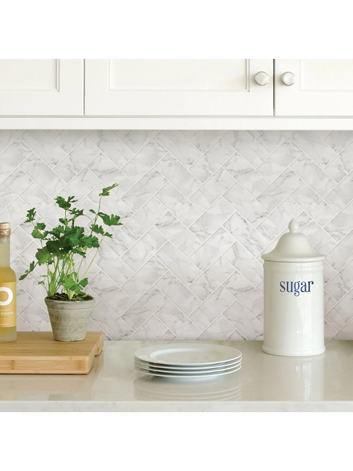 InHome Pack Of 4 Herringbone Carrrara Peel & Stick Backsplash Tiles 4 InHome Pack Of 4 Herringbone Carrrara Peel & Stick Backsplash Tiles - Image 2