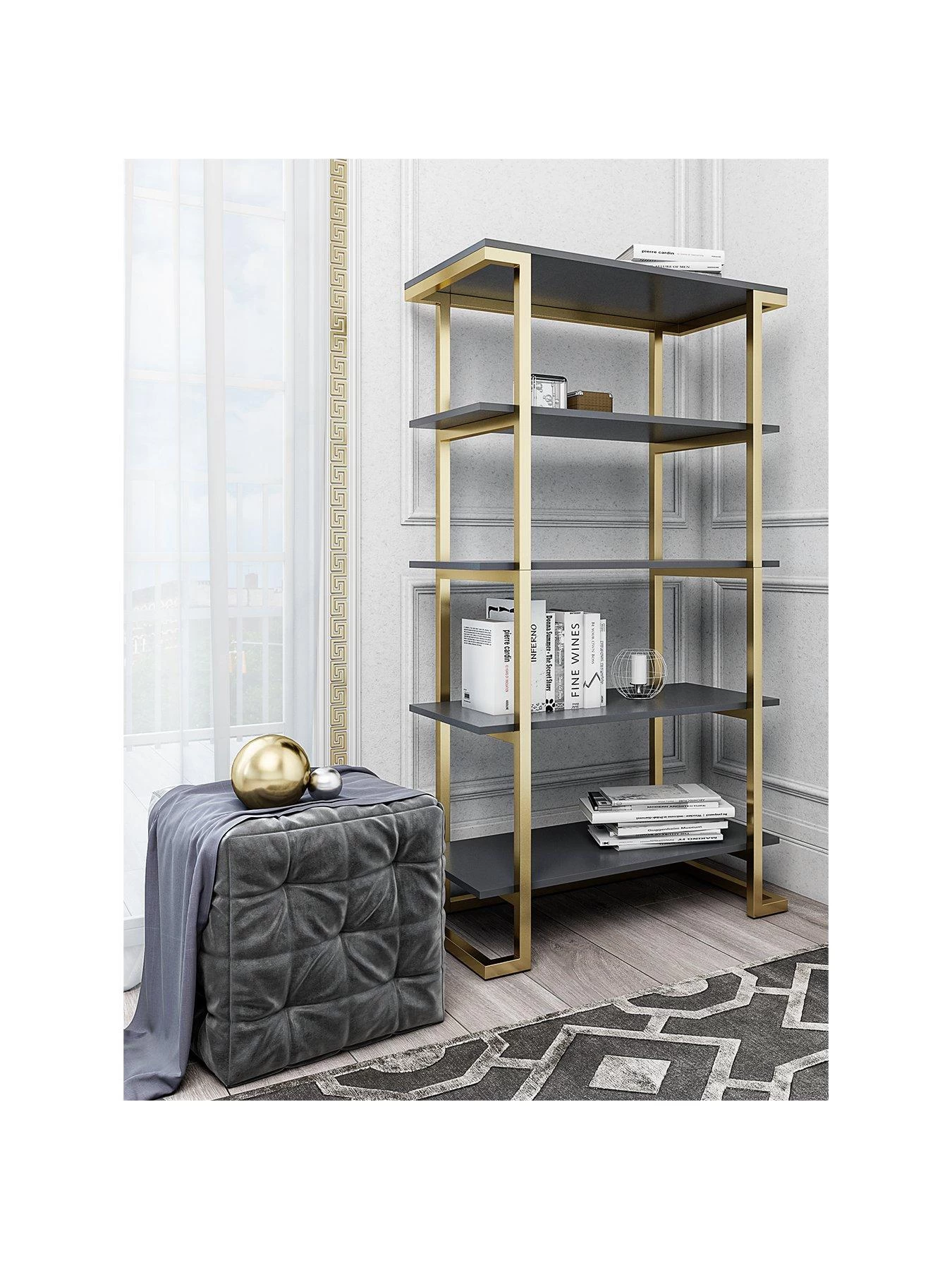 CosmoLiving By Cosmopolitan Camila Bookcase - Grey/Gold 4 CosmoLiving By Cosmopolitan Camila Bookcase - Grey/Gold - Image 2
