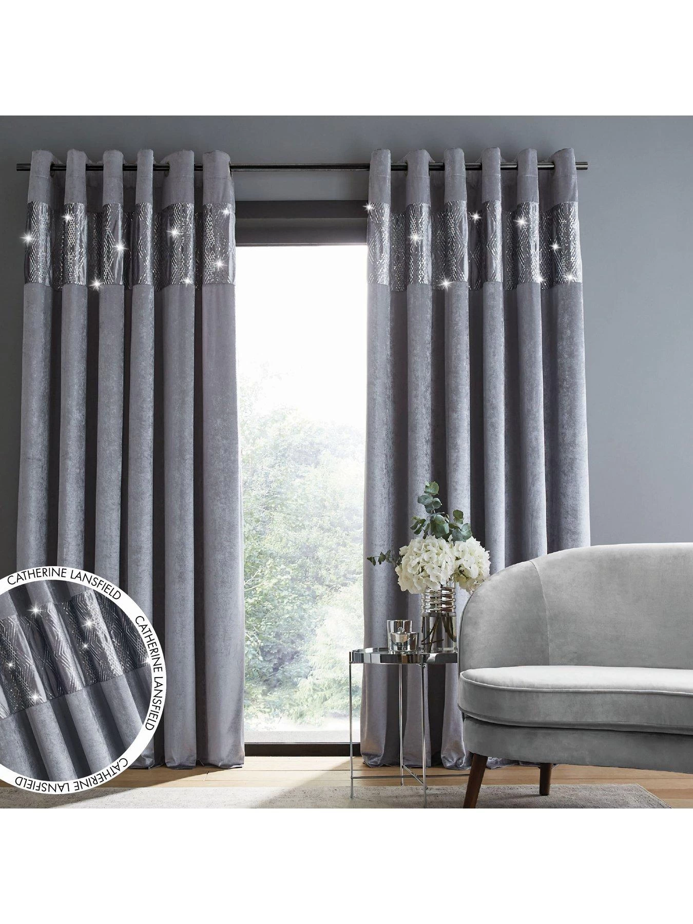 Catherine Lansfield Crushed Velvet Glamour Sequin Fully Lined Eyelet Curtains In Grey 3 Catherine Lansfield Crushed Velvet Glamour Sequin Fully Lined Eyelet Curtains In Grey