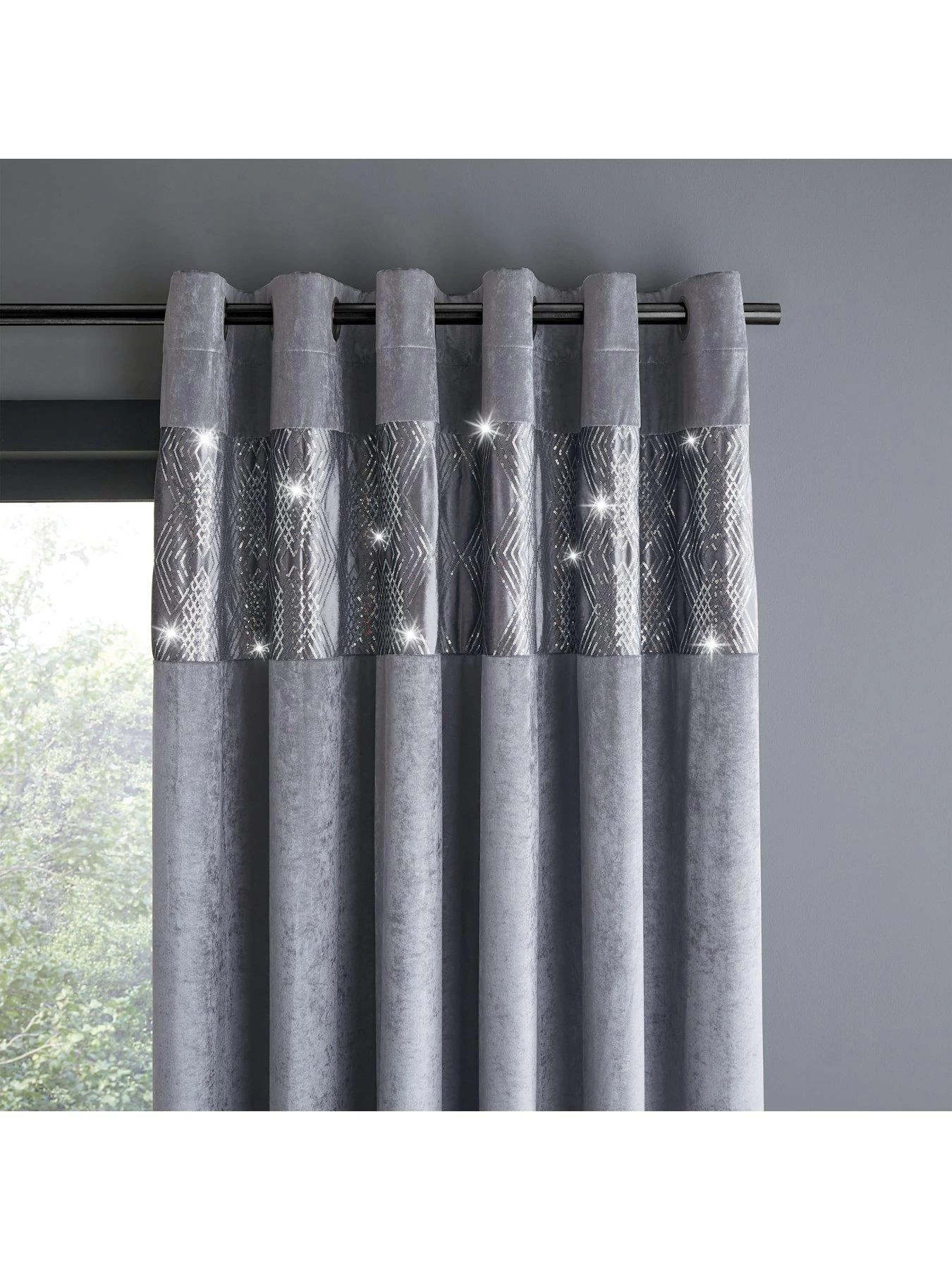 Catherine Lansfield Crushed Velvet Glamour Sequin Fully Lined Eyelet Curtains In Grey 4 Catherine Lansfield Crushed Velvet Glamour Sequin Fully Lined Eyelet Curtains In Grey - Image 2