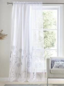 Catherine Lansfield Meadowsweet Floral Tab Top Sheer Curtain Panel - White