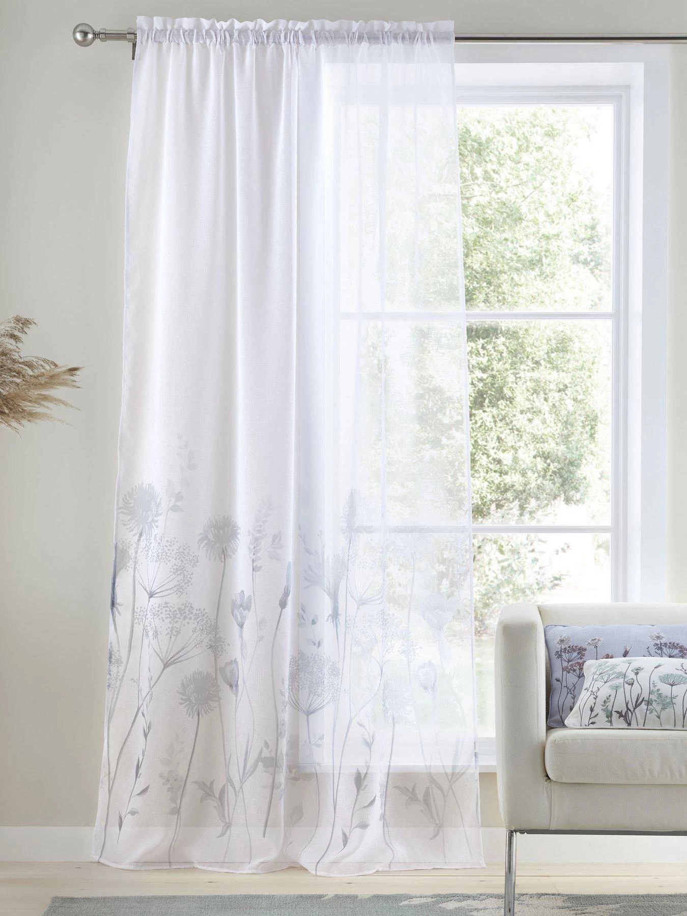 Catherine Lansfield Meadowsweet Floral Tab Top Sheer Curtain Panel - White 3 Catherine Lansfield Meadowsweet Floral Tab Top Sheer Curtain Panel - White
