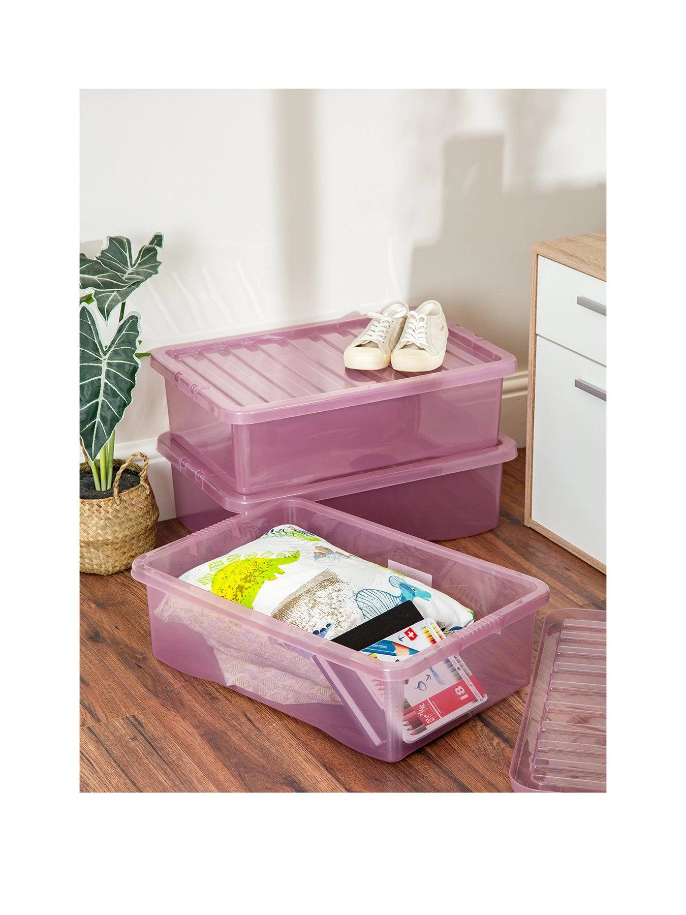 Wham Set Of 3 Pink Crystal 32-Litre Plastic Storage Boxes 3 Wham Set Of 3 Pink Crystal 32-Litre Plastic Storage Boxes