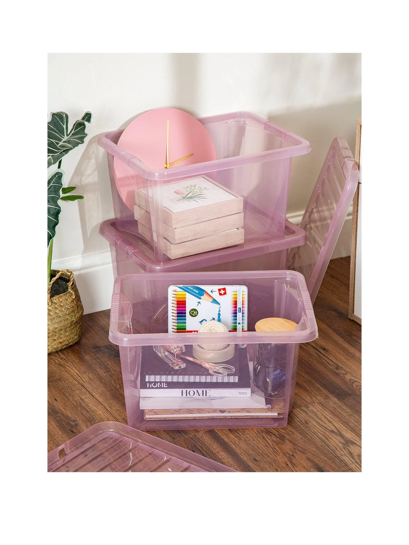 Wham Set Of 3 Pink Crystal 28-Litre Plastic Storage Boxes 3 Wham Set Of 3 Pink Crystal 28-Litre Plastic Storage Boxes