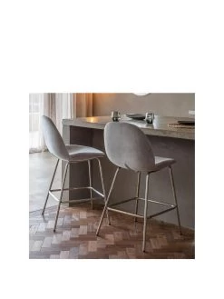 Gallery Pair Of Cruzon Velvet Bar Stools - Light Grey