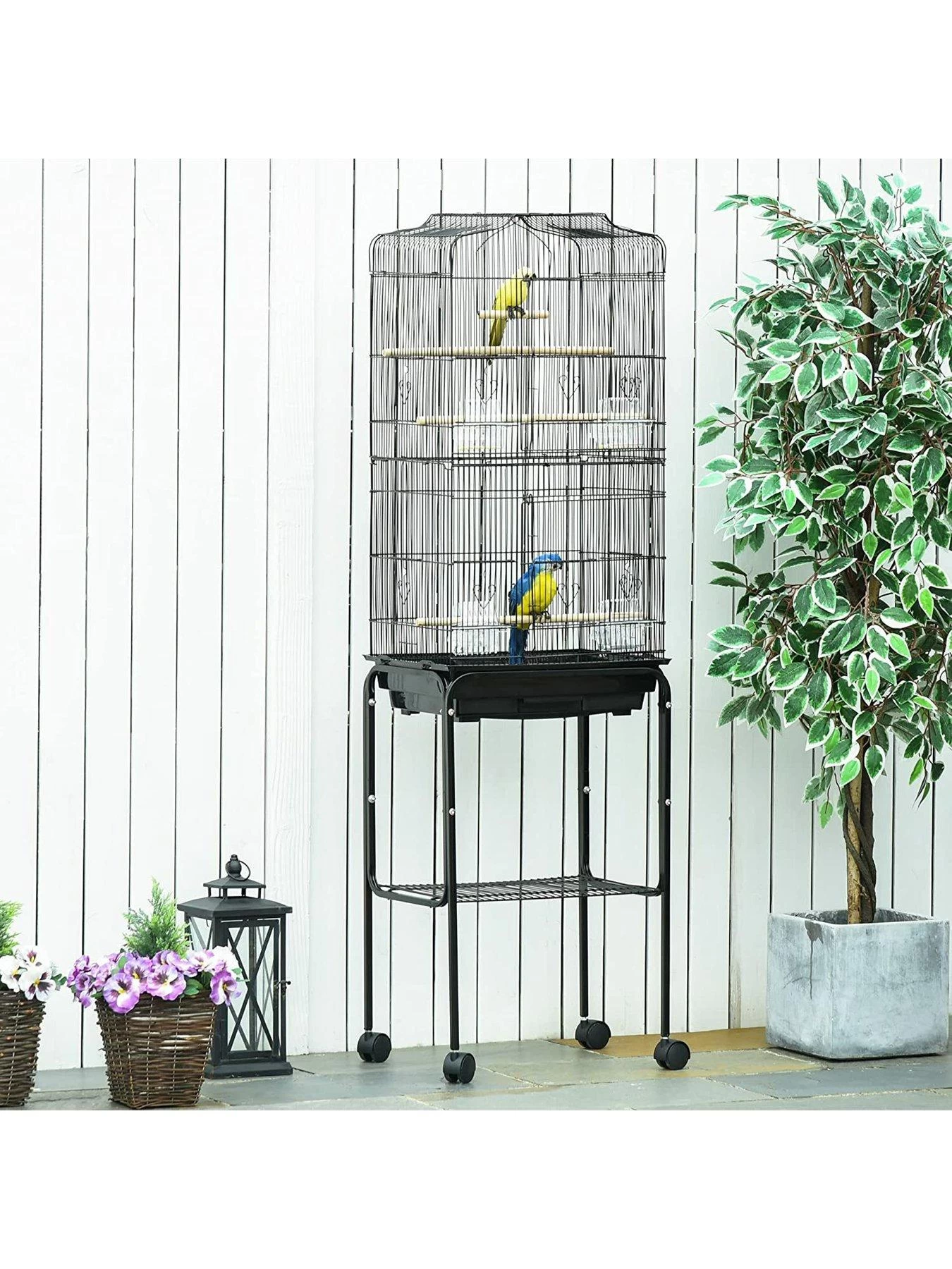 PawHut Bird Cage With Stand, Wheels, Slide-out Tray, Accessories And Storage Shelf - Black 5 PawHut Bird Cage With Stand, Wheels, Slide-out Tray, Accessories And Storage Shelf - Black - Image 3