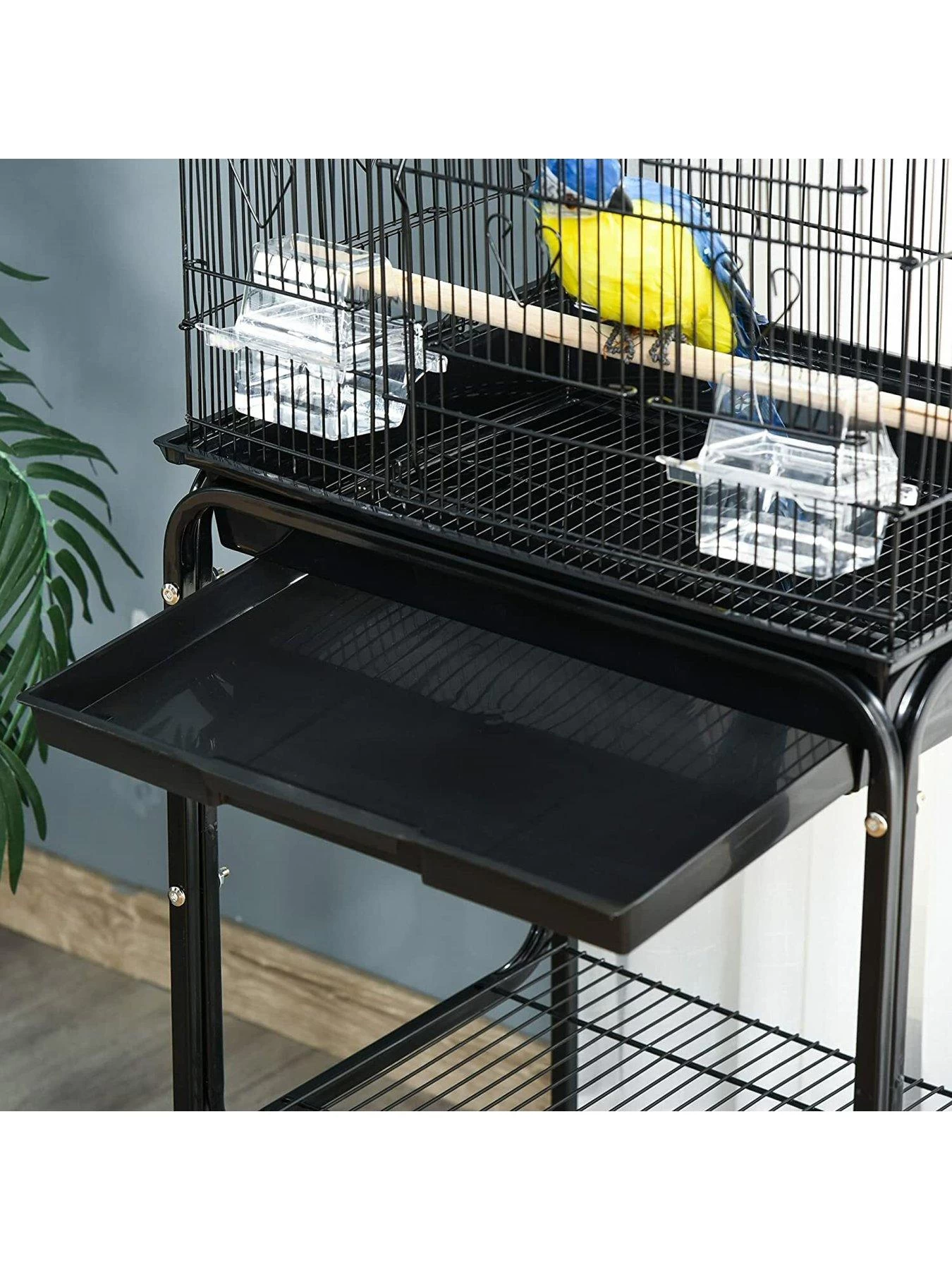 PawHut Bird Cage With Stand, Wheels, Slide-out Tray, Accessories And Storage Shelf - Black 6 PawHut Bird Cage With Stand, Wheels, Slide-out Tray, Accessories And Storage Shelf - Black - Image 4