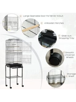PawHut Bird Cage With Stand, Wheels, Slide-out Tray, Accessories And Storage Shelf - Black 13 PawHut Bird Cage With Stand, Wheels, Slide-out Tray, Accessories And Storage Shelf - Black -Home Comprehensive VHYL8 SQ5 0000000099 N A SLd3