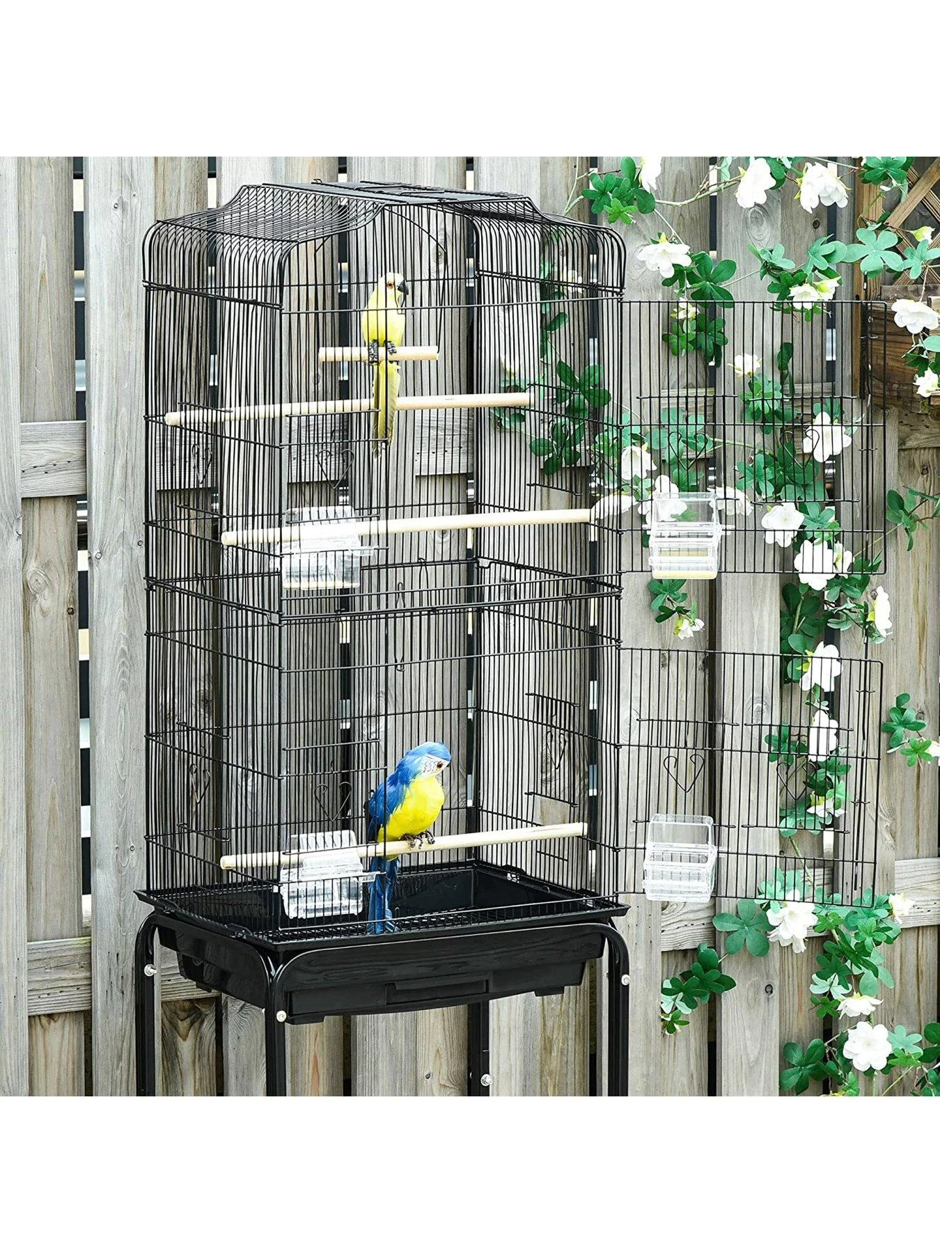 PawHut Bird Cage With Stand, Wheels, Slide-out Tray, Accessories And Storage Shelf - Black 9 PawHut Bird Cage With Stand, Wheels, Slide-out Tray, Accessories And Storage Shelf - Black - Image 7