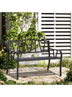 OutSunny 2-Seater Garden Bench Metal Loveseat With Decorative Backrest And Ergonomic Armrest