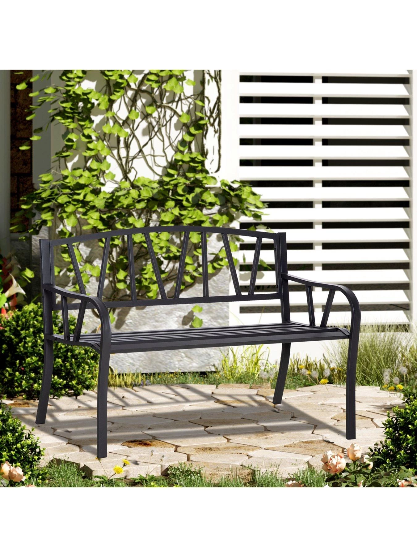 OutSunny 2-Seater Garden Bench Metal Loveseat With Decorative Backrest And Ergonomic Armrest 3 OutSunny 2-Seater Garden Bench Metal Loveseat With Decorative Backrest And Ergonomic Armrest
