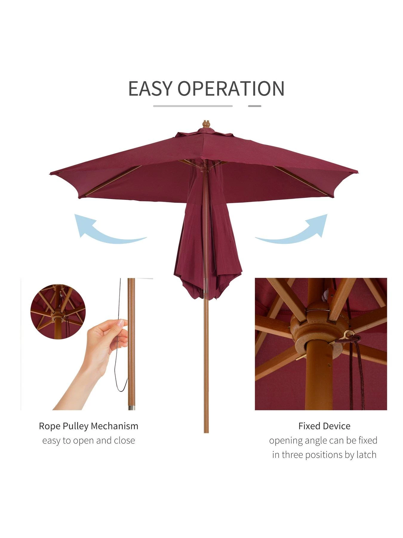 OutSunny 2.5m Wooden Garden Parasol Umbrella - Red Wine 6 OutSunny 2.5m Wooden Garden Parasol Umbrella - Red Wine - Image 4