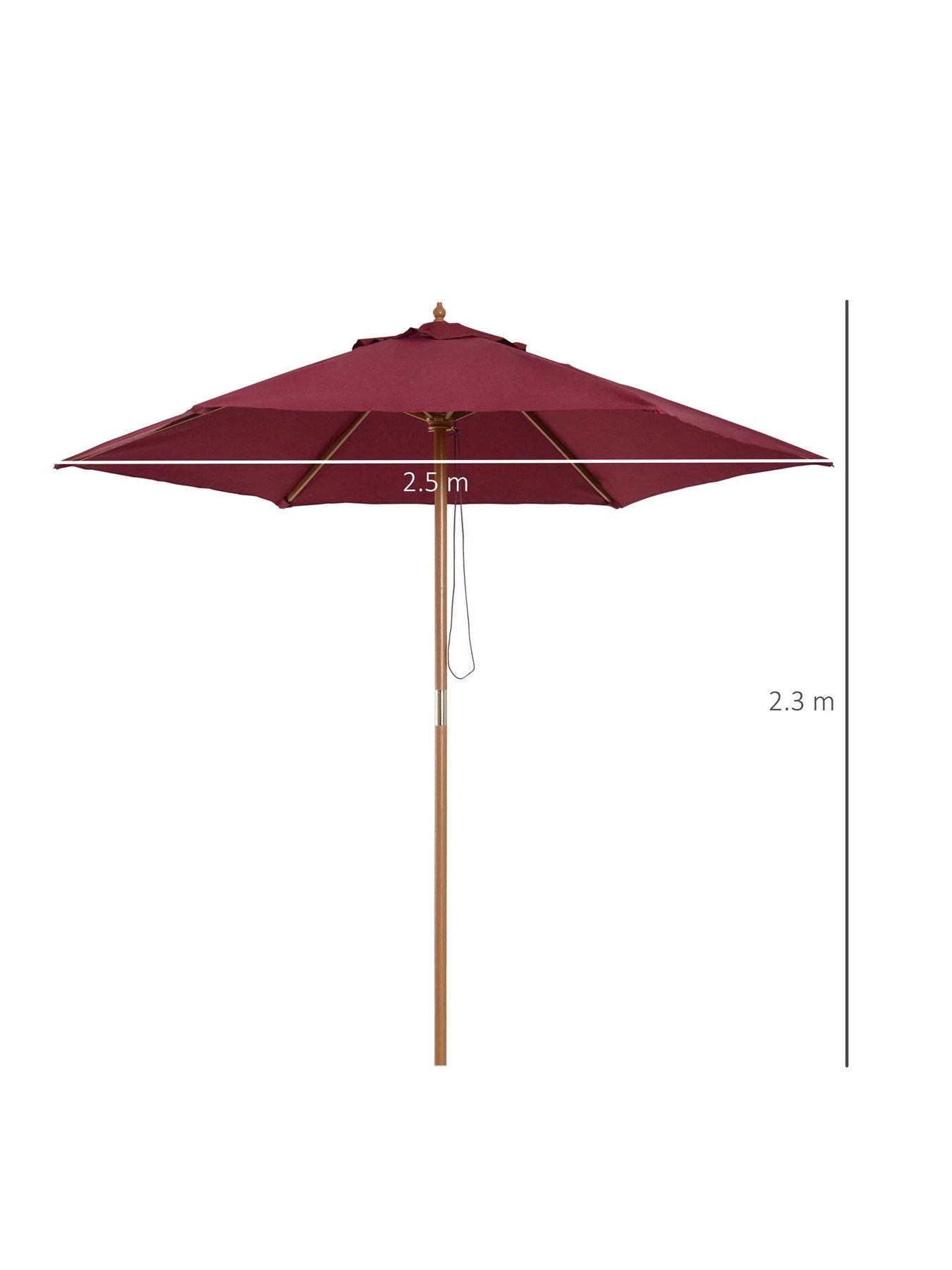 OutSunny 2.5m Wooden Garden Parasol Umbrella - Red Wine 9 OutSunny 2.5m Wooden Garden Parasol Umbrella - Red Wine - Image 7