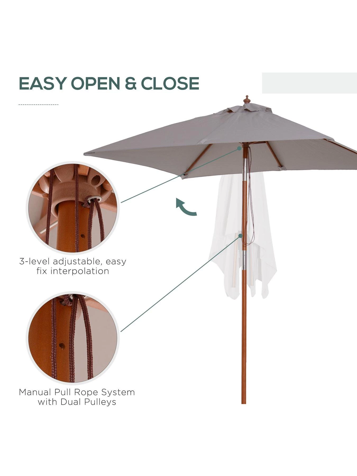 OutSunny Patio Umbrella Parasol, 6 Ribs, Wood, Bamboo, Polyester-Grey 7 OutSunny Patio Umbrella Parasol, 6 Ribs, Wood, Bamboo, Polyester-Grey - Image 5