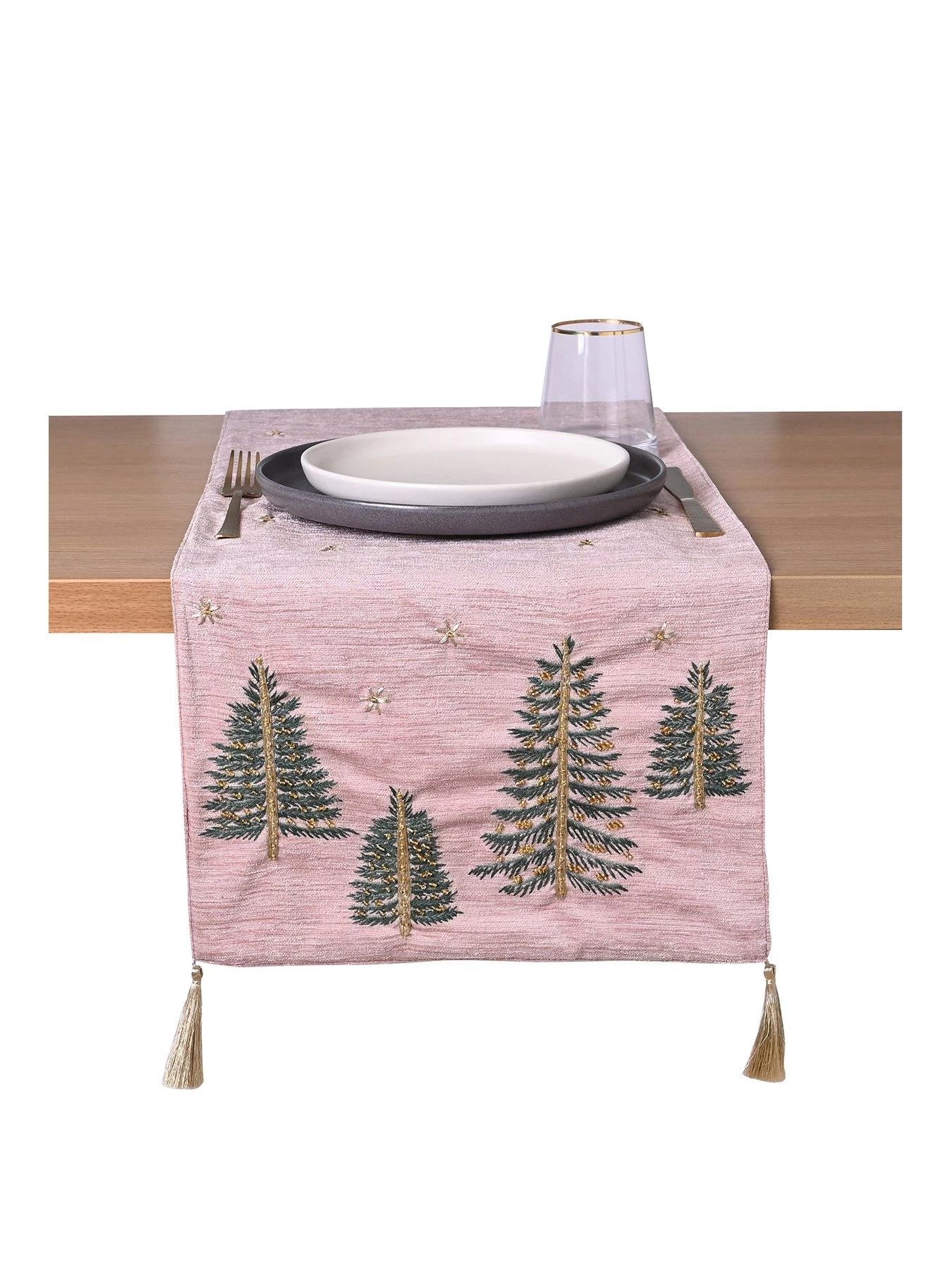 Very Home Hand Embroidered Christmas Table Runner - Pink 3 Very Home Hand Embroidered Christmas Table Runner - Pink